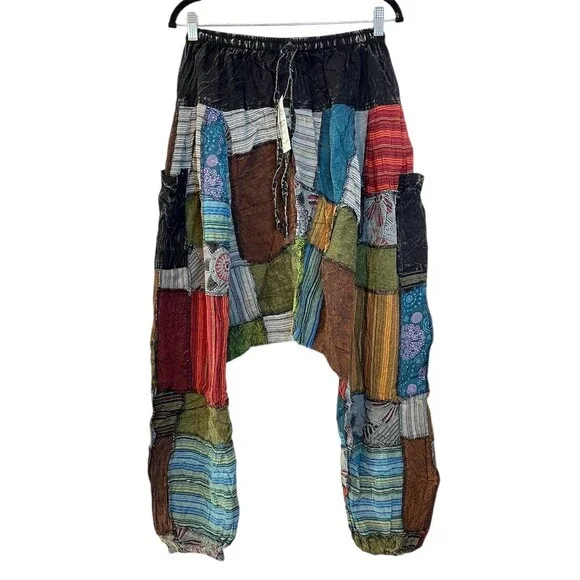 Y2k Boho Patchwork Harem Pants 29” Hippie Drop Crotch Summer Festival Gypsy - Picture 1 of 13